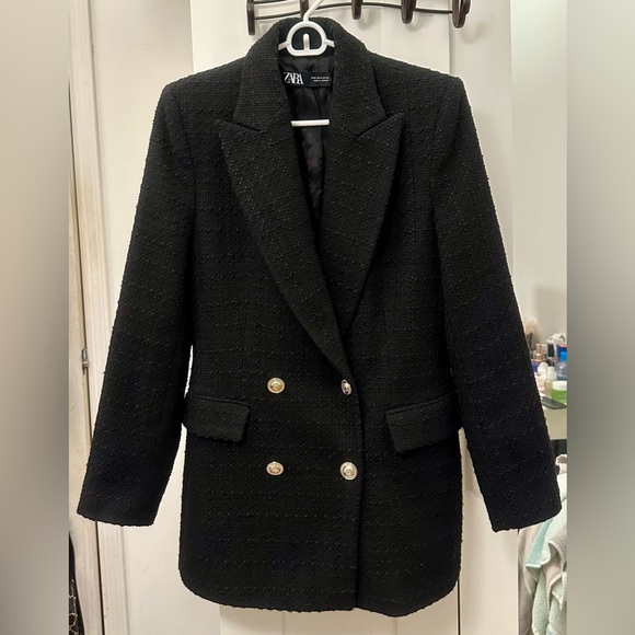 Zara Tweed Blazer Dress Jacket Suit Textured Black Gold Buttons Tailored M $119 - Picture 7 of 13